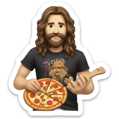 Long haired rocker with beard eating pizza sticker