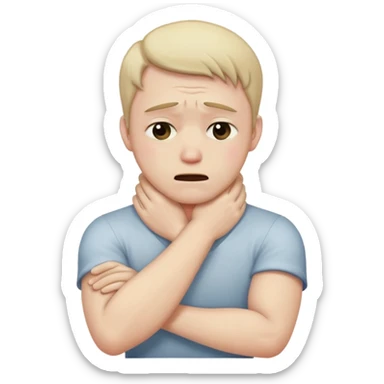 man crying crossed arms holding neck sticker