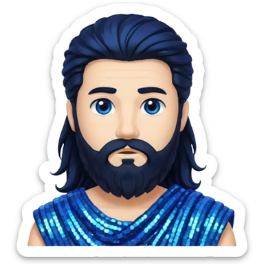 Neptune from Roman Deities with long black hair and beard, blue sequin toga sticker