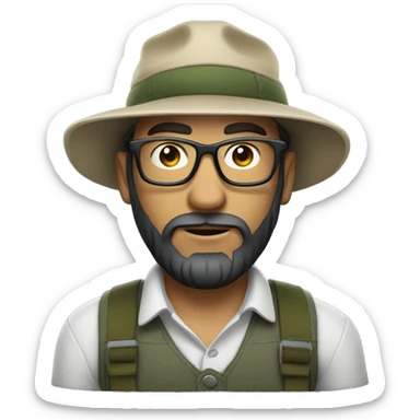 A white man wearing a fishing hat with a dark beard and glasses sticker