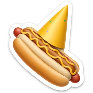 A hotdog with legs wearing a party hat sticker