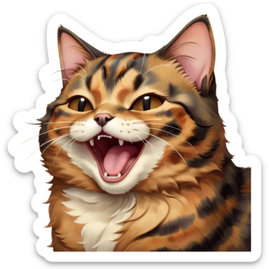 Cinematic Cute Yawning Tortoiseshell Cat Portrait Emoji, Head slightly tilted with a wide, adorable yawn and half-closed, dreamy eyes, featuring a warm, mottled fur of rich browns and blacks, simplified yet irresistibly cute, highly detailed, glowing with a soft, slumbering radiance, high shine, exuding a relaxed, drowsy charm, styled with a gentle, soft glowing outline, capturing the essence of a tortoiseshell cat in a precious moment of sleepy delight! sticker