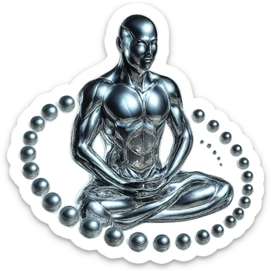 Add a glowing aura around the meditating chrome figure and the spiral of spheres, keep the style highly polished and metallic, no background. sticker