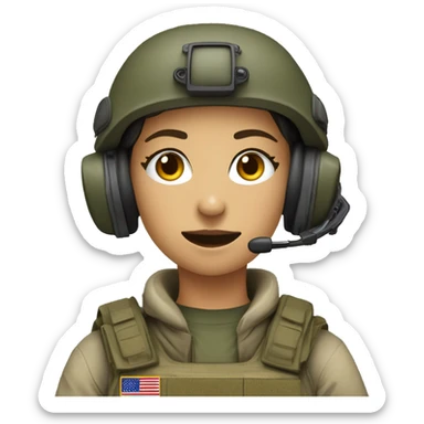 Military operator dressed with a helmet, without glasses, wearing a headset, ready to respond to alerts, preferably female, no country badge on clothes sticker