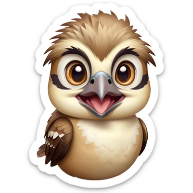 Cinematic Comical Kookaburra Portrait Emoji, Head tilted dramatically with an exaggeratedly amused expression, featuring a strikingly patterned brown and cream plumage with wide, expressive eyes filled with playful disbelief, Simplified yet hilariously expressive features, highly detailed, glowing with a slightly sassy glow, high shine, dramatic yet playful, stylized with an air of cheeky bushland mischief, bright and endearing, soft glowing outline, capturing the essence of a spirited and over‐the‐top kookaburra, so meme‐worthy it feels like it could cackle its way into internet fame instantly! sticker