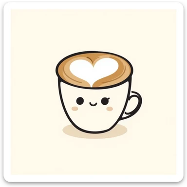 latte with heart foam and a cute face, caramel beige and coffee brown, dreamy hand-drawn Japanese style sticker
