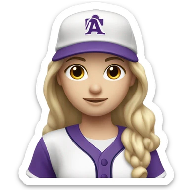 baseball card character. Blonde female long straight hair. C logo. Purple and white uniform. sticker