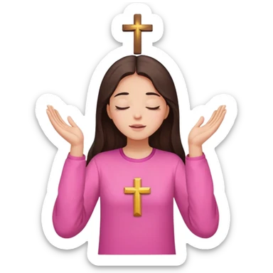 Girl long dark brown hair light medium skin worship God hands lifted eyes closed  pink, no crosses sticker