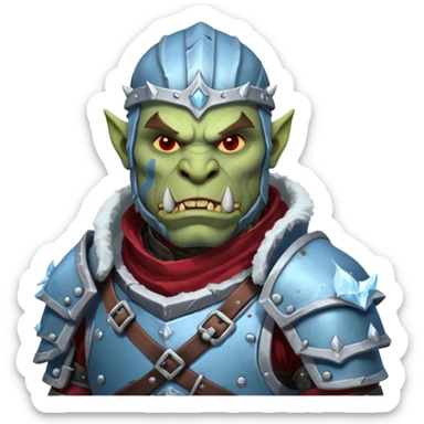 
Fantasy Christmas orc legion soldier icon, iron tundra army theme, heavy winter armor, disciplined brutal look, icy blue steel armor with deep crimson accents, frozen metal texture, cold winter atmosphere, male variant sticker