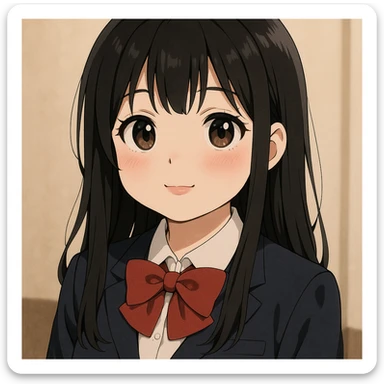 anime inspired light skinned girl with round, slightly upturned brown eyes with long lashes, medium sized full blush colored lips, slightly chubby cheeks, long straight black hair, wearing a school uniform sticker