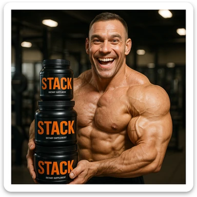 hyper realistic enthusiastic bodybuilder showing a stack of 'stack' supplements with both hands, prominent muscles, joyful expression, realistic details, gym environment sticker