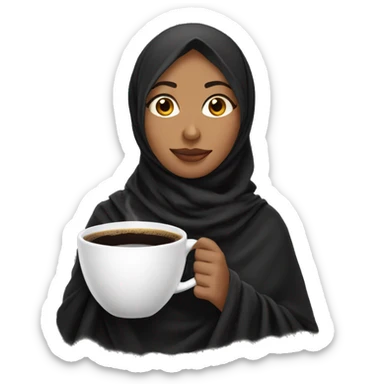 Indian woman with long black hijab with blanket with a cup of cofee sticker