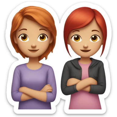 little sister with red hair and older sister with straight dark brown hair hugging each other   sticker