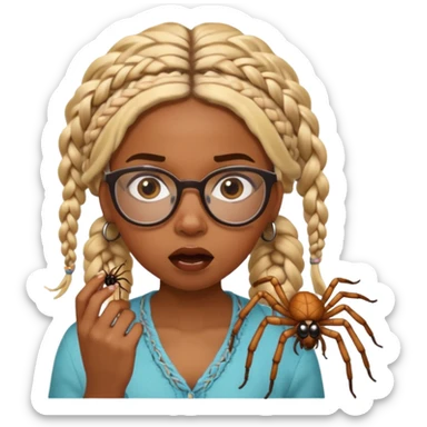 black girl with blond boho braids and clear glasses eating a spider  sticker