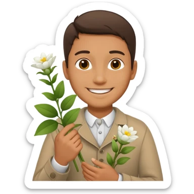 man holding white flowers in their hands sticker