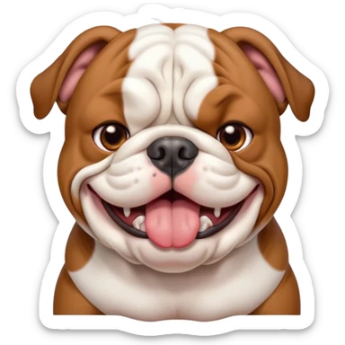 Cinematic Cute Yawning Brown and White English Bulldog Portrait Emoji, Head tilted slightly with a dramatic, wide-open yawn, showcasing a smooth brown and white coat with a defined pattern, floppy ears slightly drooping, round brown eyes barely open in drowsy contentment, Simplified yet irresistibly adorable features, highly detailed, glowing with a soft, cozy glow, high shine, relaxed yet expressive, stylized with a touch of whimsy, bright and endearing, soft glowing outline, capturing the essence of a sleepy yet affectionate guardian, so drowsy it feels like it could stretch out of the screen and curl up for a nap! sticker