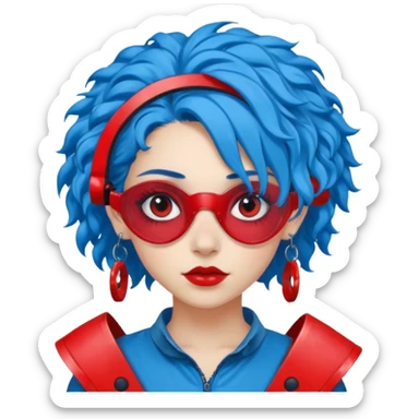 blue curly haired girl with huge earrings, wearing red paintball eye protection, only face  sticker
