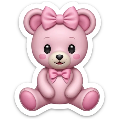 A cute pink teddy bear emoji style, soft plush texture, big round eyes, a sweet smile, wearing a large bow on its head. The bow is pastel pink or white, and the teddy looks cuddly and friendly. Minimalist emoji-style design, clear outlines, centered, white background."
 sticker