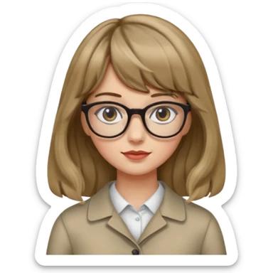 Uma garota de cabelo ondulado loiro escuro,mas com franja lisa e olhos pretos,usa óculos e a cor de pele branca,e o cabelo na cintura sticker