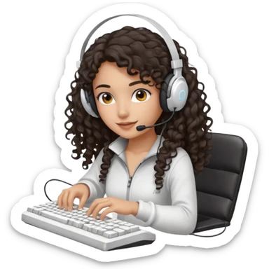 Spanish girl with long dark curly hair, wearing a white gaming headset and playing on keyboard with a gaming mouse in one hand sticker