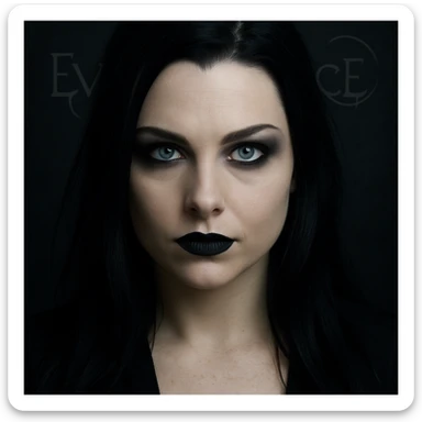 Amy Lee close-up portrait, gothic makeup, piercing blue eyes, dark hair, subtle Evanescence logo in background sticker