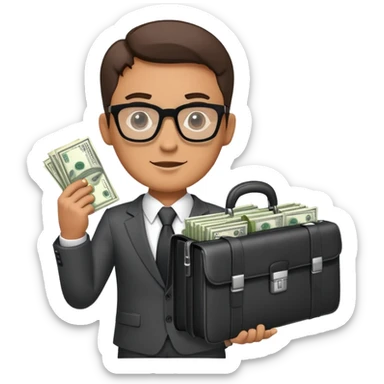 Male businessman wearing a suit and glasses holding open a briefcase showing stacks of dollar bills inside sticker