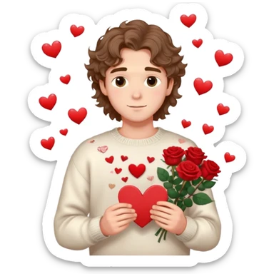 Pretty romantic boyfriend with soft eyes and wavy hair, holding roses and love letters, heart sparkles around him, wearing cozy sweater, dreamy  sticker