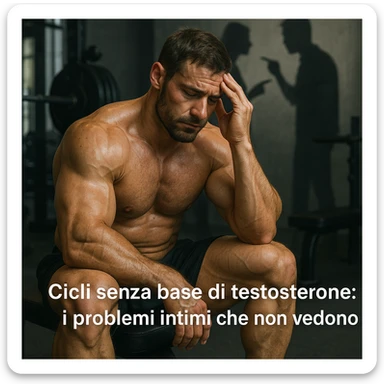  bodybuilder che fa cicli senza base di testosterone, con problemi intimi legati alla coppia, iper realistica, in italiano se usi testo sticker
