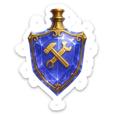 luxurious crystal elixir bottle in shield shape, color #7986cb, with 🛠 symbol on the bottle, lots of shining, edges, ornaments, golden details, magical effects, very small golden neck, transparent background, beautiful, seamlessly merging bottom, bottle clearly floating in air, no base or shadow, premium class, modern, fits a collection sticker