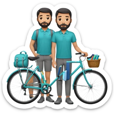 a man with a grey backpack and a torquoise byciycl and he has black shot=rt man hair and a beard with a polo grey shirt and dress pants sticker