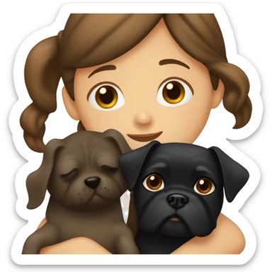 A girl with long brown hair hugs a black dog that looks like a pug. sticker