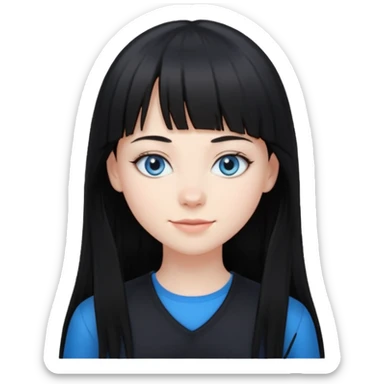 20 yr old woman long straight black hair, pale skin, blue eyes, black clothes, small smile, bangs sticker