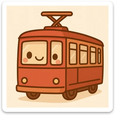 Create a red train tram in the same cute cartoon style as the reference image, featuring a smiling face and using a similar color palette. No text included. sticker
