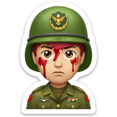 scowling soldier emoji with red skin tone, blood splatter on left cheek, wearing green helmet and military uniform, slightly different expression, 2d apple emoji style sticker