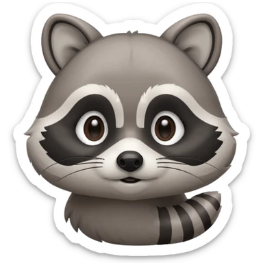 raccoon mascot thinking softly, hand on chin, curious expression, rounded shapes, minimal detail, smooth cartoon shading, ASD-friendly sticker