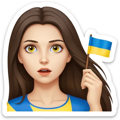 Brunette woman with long hair, Ukrainian flag (blue and yellow) painted on her cheek, surprised expression sticker
