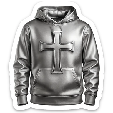 white hoodie with a bold chrome cross, 3D chrome style, highly reflective, simple background sticker