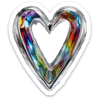 symbolic symmetric heart chrome sculpture symbolizing chromatic light with a geometric, faceted design. The heart is standing upright with angular and baroque features. The vibrant rainbow of colors highlights the sharp edges and planes.  sticker