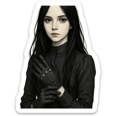 pale girl with long black hair wearing driving gloves, detailed character portrait sticker