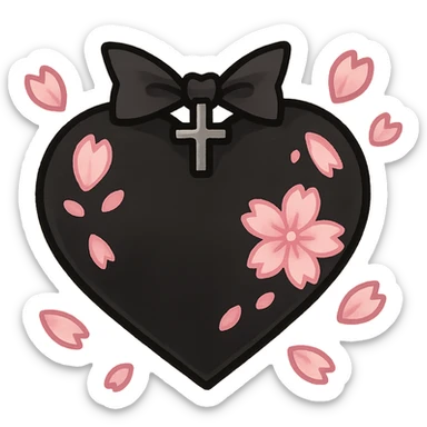 goth sakura heart, black heart with pink cherry blossom petals, cute and dramatic sticker