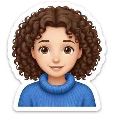 Curly brunette girl wearing cozy blue sweater, happy expression   sticker