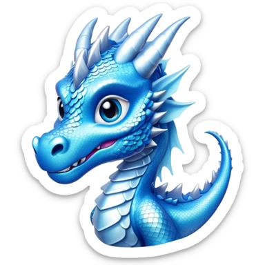 Cinematic Cute Beautiful Ice Dragon Portrait Emoji, Head tilted playfully and inquisitively, featuring a sleek, glacial form with intricately detailed, frost-kissed scales in shimmering blues and sparkling silver, accented by delicate ice crystal patterns and a gentle, enchanting glow; rendered with lifelike clarity and soft, natural light, high shine, charming and cool, styled with a touch of wintry fantasy, soft glowing outline, capturing the essence of a mischievous yet endearing ice guardian poised to twirl playfully into your dreams! sticker
