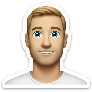 A head and shoulders shot of a 32 year old Caucasian man, with short brown hair,   with blue eyes wearing a t-shirt. sticker