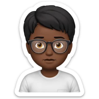 3D cartoon emoji portrait of a young character with black skin, messy black hair, big expressive brown eyes, wearing glasses and a white t-shirt, realistic shading, Pixar-style lighting, smooth texture, cute and slightly funny expression, high-quality render, white background, Apple Memoji style sticker