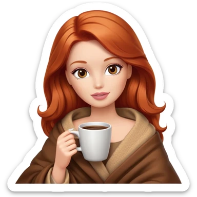 The redhead barbie girl makeup in brown blanket drinking coffee sticker