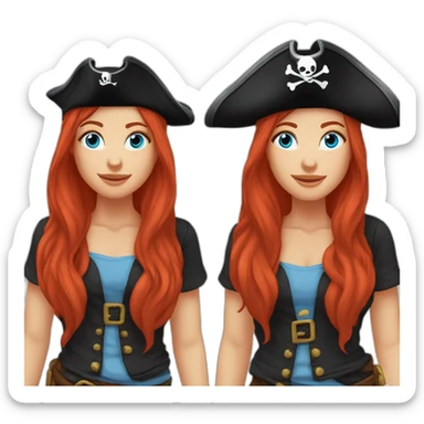 Woman long red hair on one side in a platt.pirate hat. One side of head has no hair. Blue eyes. skull and crossbones t shirt sticker