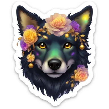 Black iridescent fluffy dog fox head zombie skull skeleton gold mechanical nebula galaxy stars colorful flowers fairy lights vintage sticker