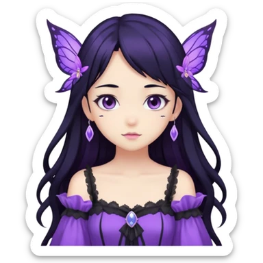 Gothic anime fairy with long beautiful black hair and purple dress, pastelcore, sticker