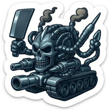 Edit the skull robot tank to have 4 distinct arms, each hand holding a different weapon: a large industrial blade, a blaster, a menacing syringe, and a claw. The exterior metal should be extra shiny silver grey, with inside cables and tech almost black. Smoke from the top is dark shaded. The skull face is dropped down low and out in front, matching the reference. The whole subject should be compact and not tall, in a clean outline retro stickers style with transparent background. sticker