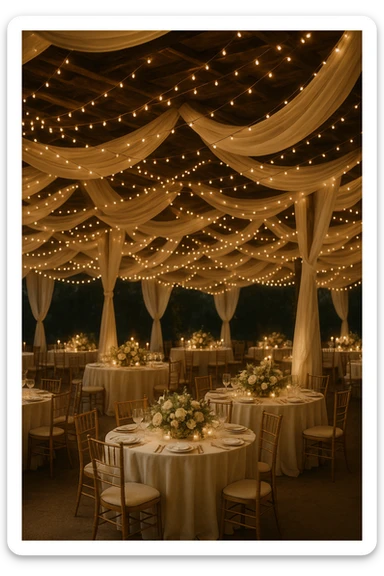 hanging string lights and draped fabric, dreamy wedding reception decor sticker